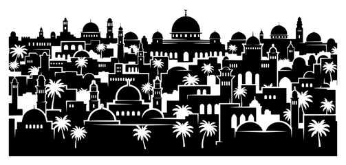 Middle eastern city skyline with many domes and minarets in black and white silhouette style © Camel