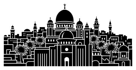 Ancient oriental city architecture with grand mosque and palm trees in graphic vector style © Camel