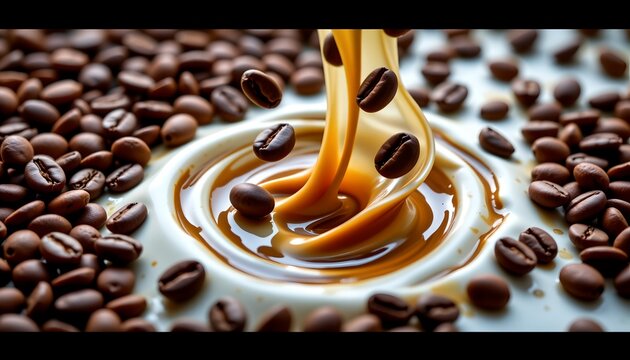 Coffee beans and caramel dripping onto them.