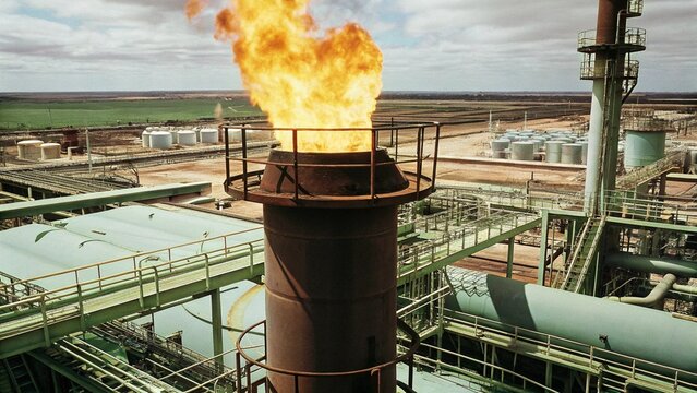Fire on flare stack at refinery oil and gas central processing platform while burning toxic and release over pressure. gas flare at an oil refinery factory industrial. Aerial view.