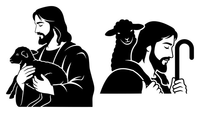Jesus Christ as good shepherd holding and carrying a lamb in silhouette style