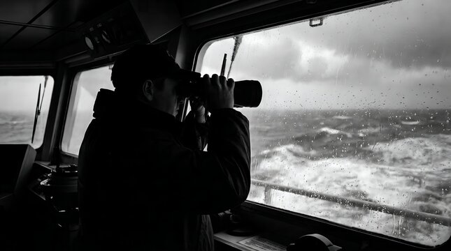 Man in silhouette inside a ship's bridge looking through binoculars at a rough, stormy sea with rain on the window, captured in black and white photography