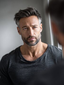 Man looking at himself in a mirror indoors, contemplative mood