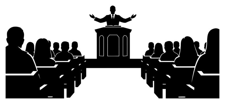 Preacher standing at pulpit speaking to church congregation in black and white silhouette style
