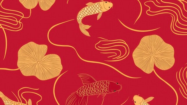 Red and Gold Koi Fish and Lily Pads Pattern