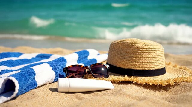 Beach vacation accessories on sand.