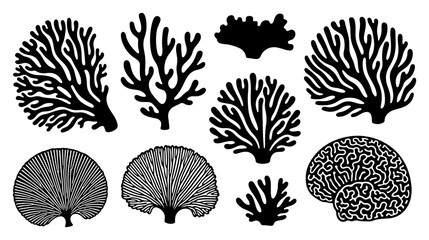 Coral reef silhouettes collection with various marine sponge shapes in black and white vector style © Camel