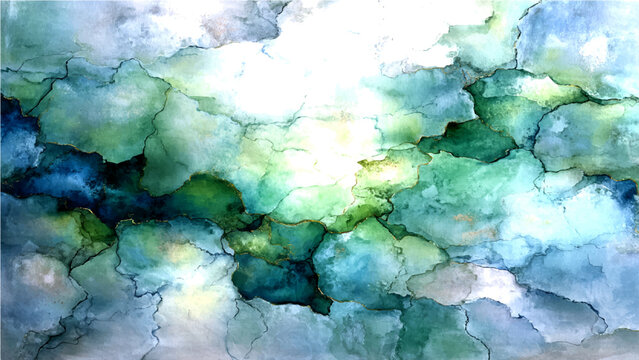 Abstract watercolor artwork, flowing blended hues blue green white, evoking ethereal celestial landscape, serene atmospheric motion.