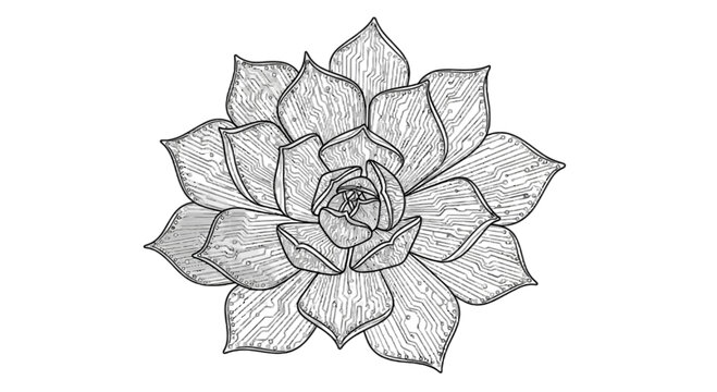 Circuit board lotus flower detailed metallic illustration on black background