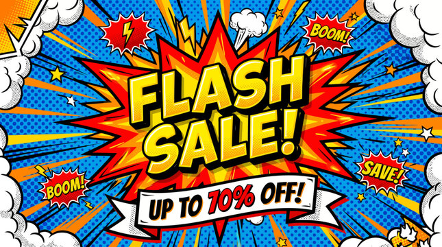 Vibrant flash sale advertisement with explosive graphics and discounts