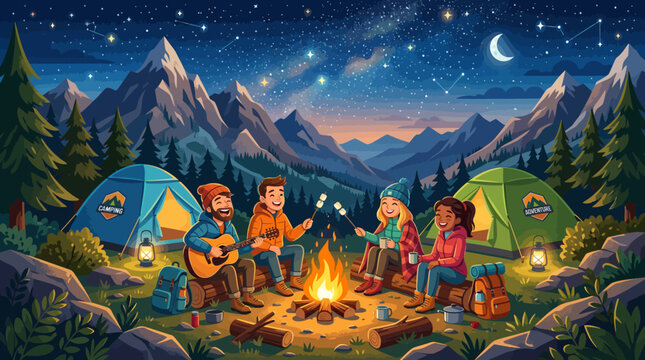 Friends gather around campfire at night in mountains with tents