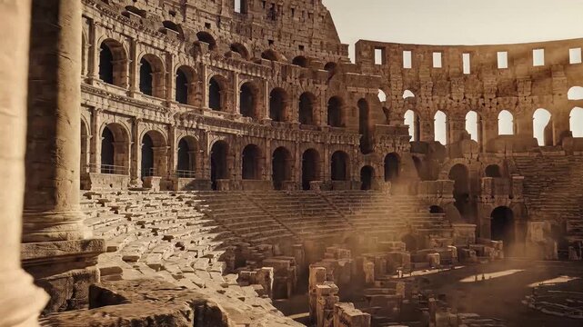Ancient architecture colosseum structure with pillars and sunlight