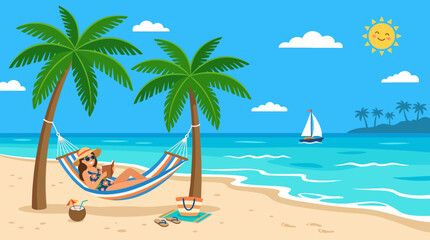 Obraz premium A person relaxes on a hammock between two palm trees on a sunny beach with a sailboat in the distance.