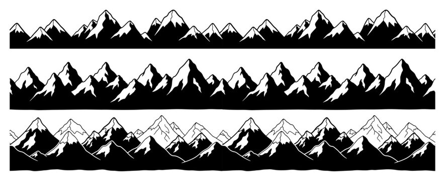 Snow capped mountain range peaks borders in minimalist silhouette style