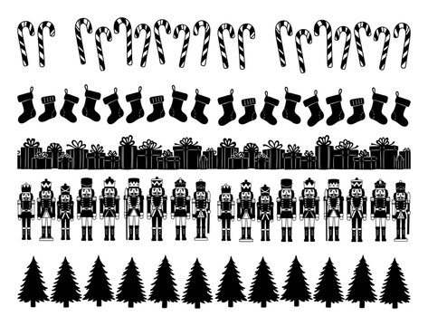 Christmas holiday elements including nutcrackers stockings and gifts silhouette vector collection