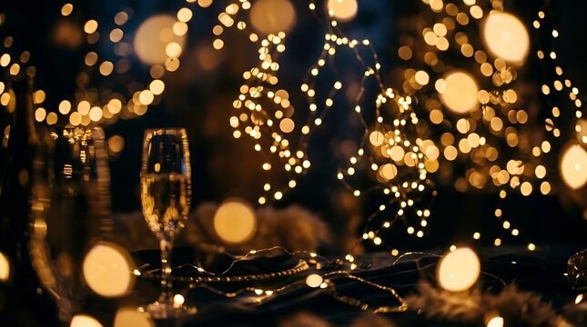 Champagne glass with golden bokeh fairy lights at night