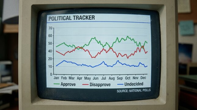 A computer monitor displays a political tracker graph showing approval ratings over time.