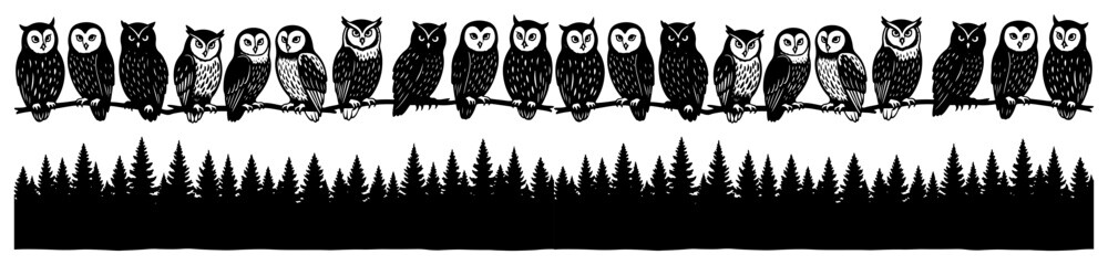 Owls sitting on wire above pine forest silhouette border in black and white vector style © Camel