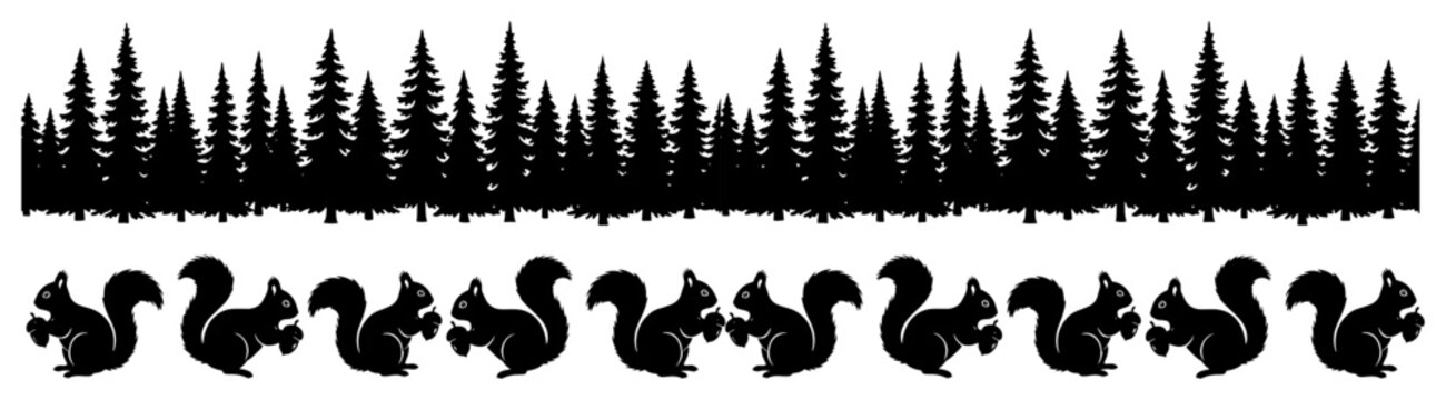 Squirrels with nuts and pine forest silhouettes in horizontal border pattern black and white vector style