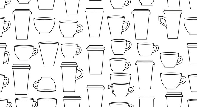 Seamless pattern of various coffee cups and mugs in outline style.