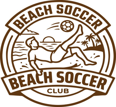 Beach soccer club badge design with player doing bicycle kick, summer football team emblem vector illustration.