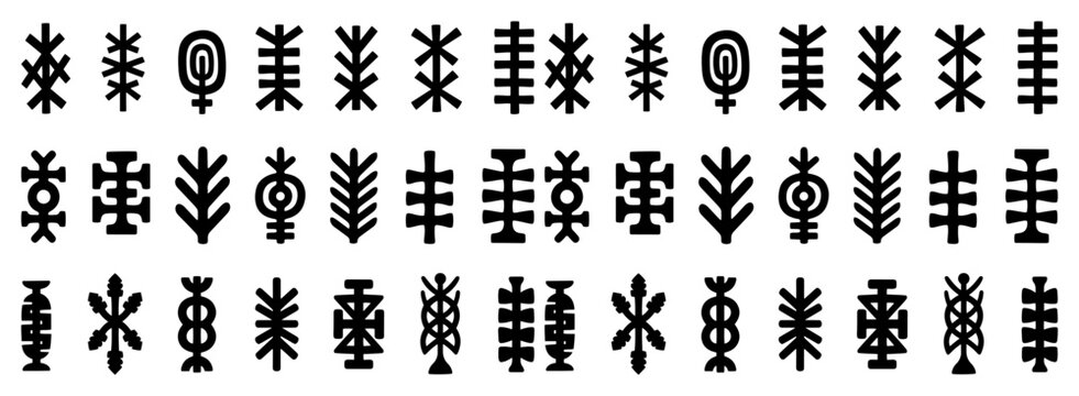 Slavic folk ornaments and ethnic symbols in geometric pattern black and white vector silhouette style