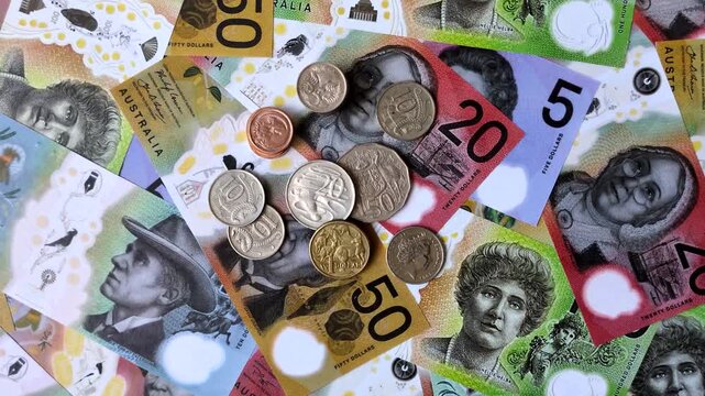 Australia, Australian paper money and coins, cash for financial transactions and deals. Australian dollars as a business background for your design