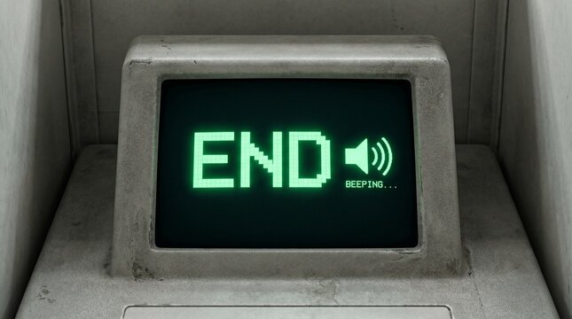 A small digital screen on a gray machine displays the word 'END' with a speaker icon and a beep sound.