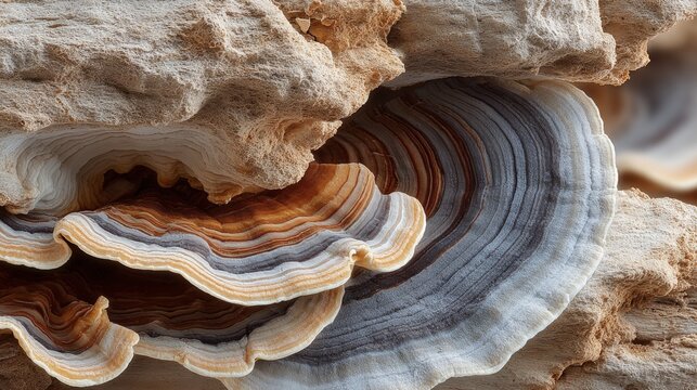 Close-up of Multi-colored Shelf Fungi Growing on Wood