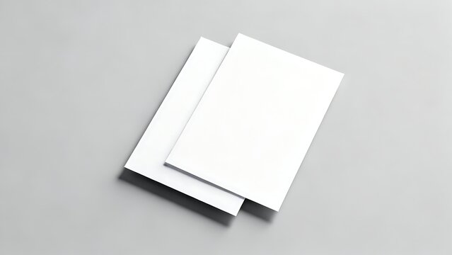 Pair of white blank brochures stacked on light gray surface for marketing brand identity.