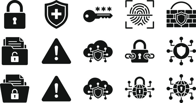 Digital privacy vector glyph elements including secure folder lock alert warning network firewall blockchain node and global internet defense symbols