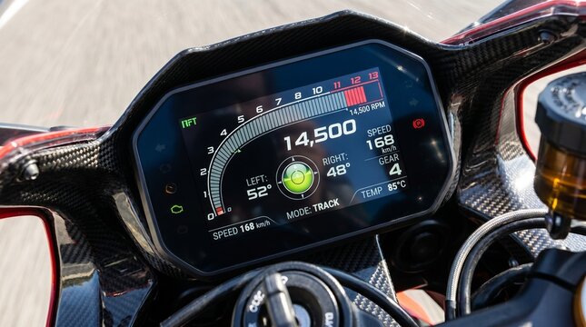 A close-up view of a motorcycle's digital dashboard displaying speed and performance metrics on a racetrack.