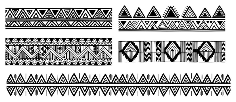 Ethnic tribal borders featuring geometric patterns and african motifs in silhouette style