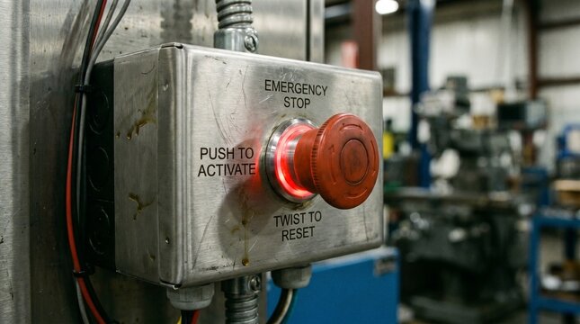 A close-up view of an emergency stop button in an industrial setting