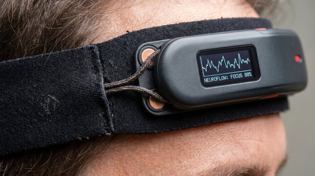 A man wearing a brain activity monitoring device on his forehead with a digital display showing brain waves.