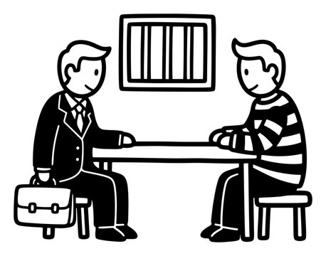 Lawyer visiting prisoner in jail interview room line art vector