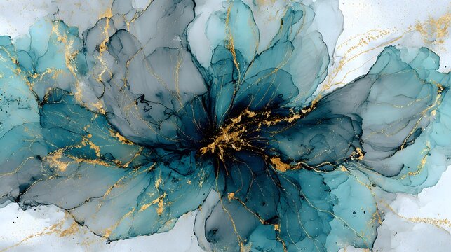 Abstract ink art flower with black, teal and gold liquid movement, metallic foil splashes, dramatic luxury wall canvas, sophisticated artistic composition.