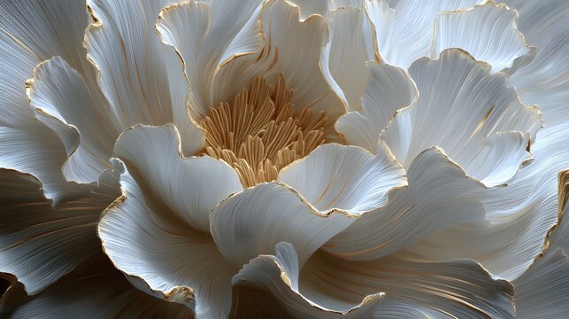 3D sculpted abstract flower canvas art, layered ivory petals with golden edges, fluid acrylic textures, luxurious contemporary interior artwork.
