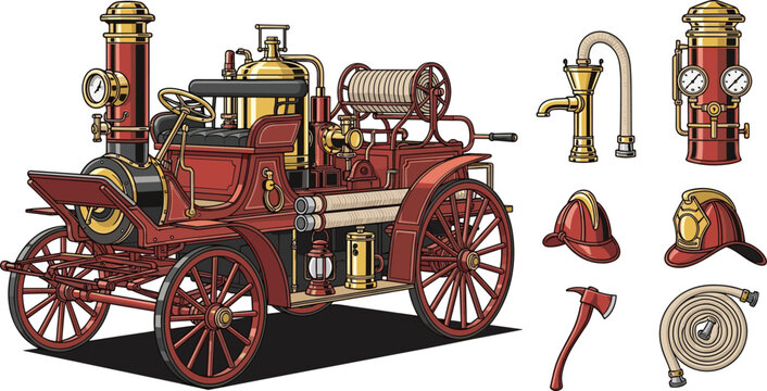 Vintage Fire Engine and Antique Firefighter Equipment Set Featuring Brass Steam Pumper Truck Helmet Axe Hose and Hydrant Valve
