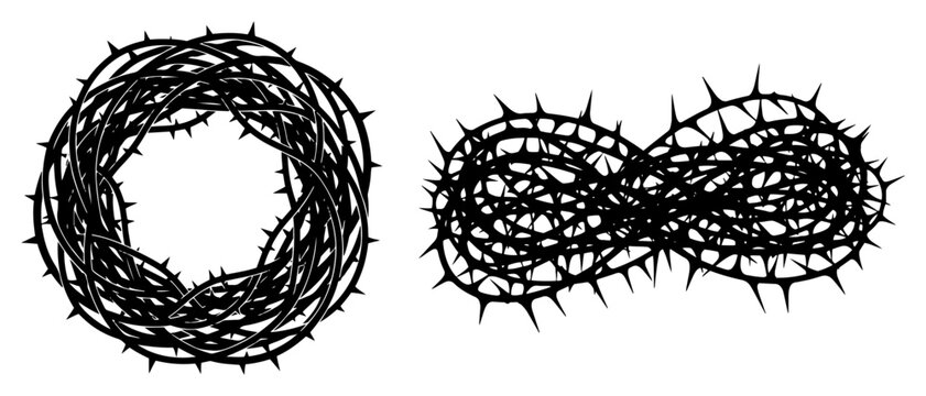 Crown of thorns and infinity thorn symbol in black silhouette vector style