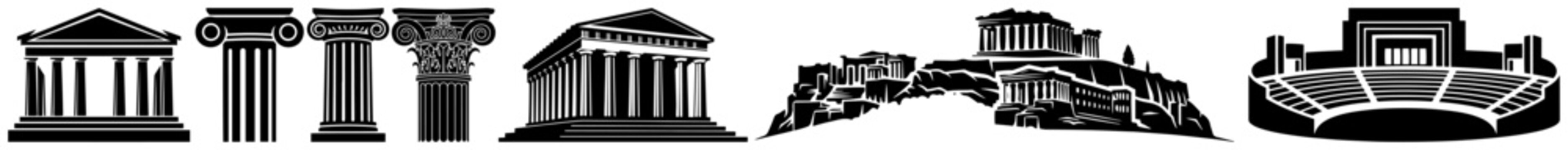 Ancient Greek architecture icons including temples columns and amphitheater in black and white silhouette style
