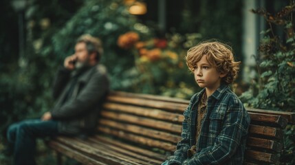 Fototapeta premium Boy Sitting on Park Bench, Man in Background