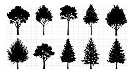 Fototapeta premium Collection of black tree silhouettes on grid background for design and illustration