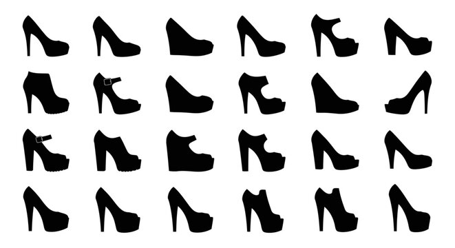 Collection of black high heeled shoe silhouettes on white background