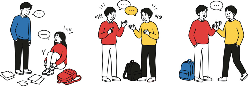 Students talking and helping each other at school vector illustration friendship concept set