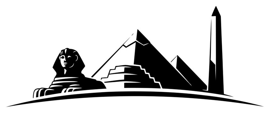 Egyptian sphinx and pyramids landscape with obelisk in minimalist silhouette vector style