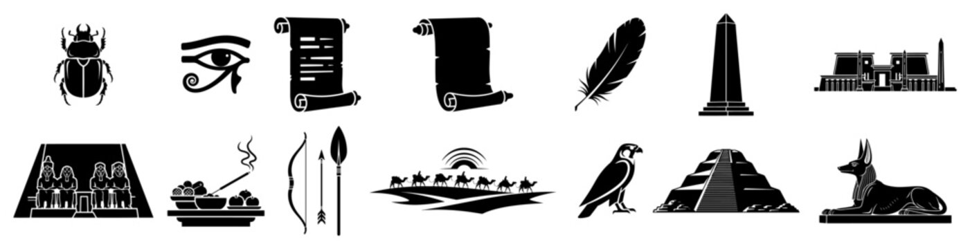 Ancient egyptian symbols collection including scarab eye of horus and anubis in silhouette vector style