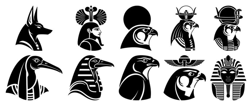 Egyptian gods and pharaoh heads collection including anubis and horus in silhouette vector style