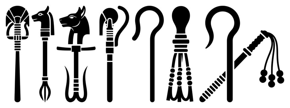 Egyptian ceremonial scepters and royal staffs set in high contrast silhouette vector style