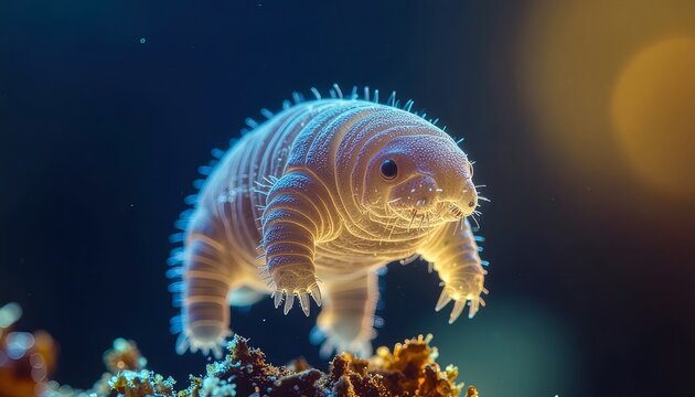 A microscopic tardigrade, also known as a water bear or moss piglet, with its eight legs and claws, is shown in a close-up, detailed, and illuminated view.
